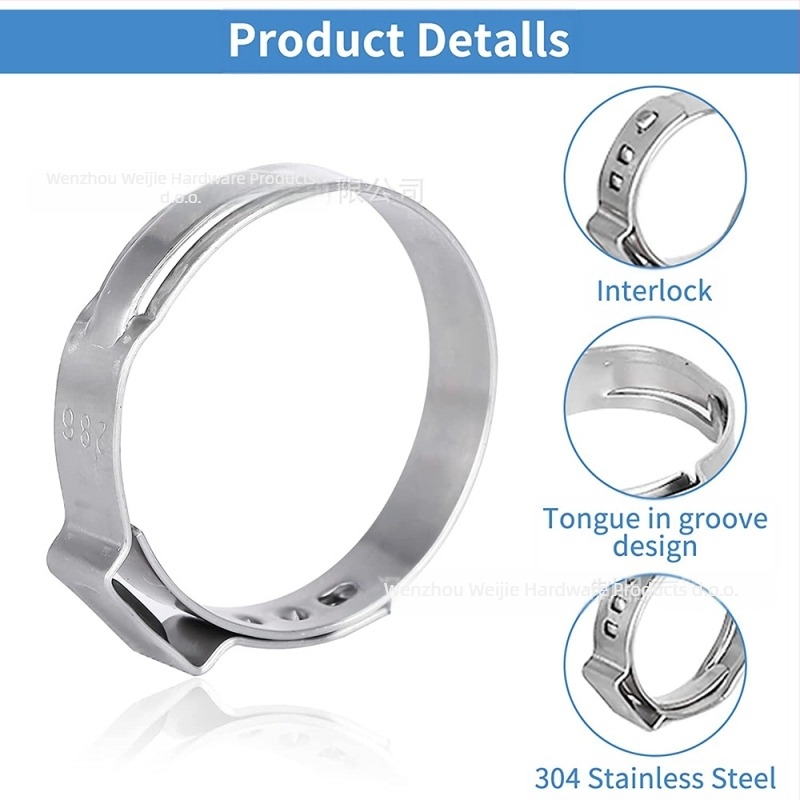 Weijie beskrajna stezaljka od nehrđajućeg čelika – jednostrani naušnica prsten, nominalni promjer 5–28.6, promjer pričvršćivanja 5–28.6, raspon primjene 7–21