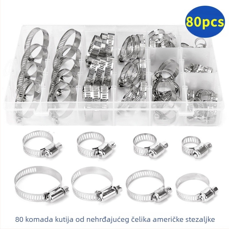 Set čeličnih stezaljki za cijevi američkog stila, u kutiji, 60 kom, za cijevi, nominalni promjer 8–44 mm