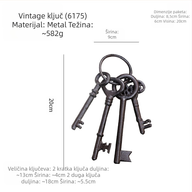 Kljuc zidni ukras — lijevano željezo, geometrijski oblik, moderni minimalistički stil, europska vintage inspiracija, spremno za dar