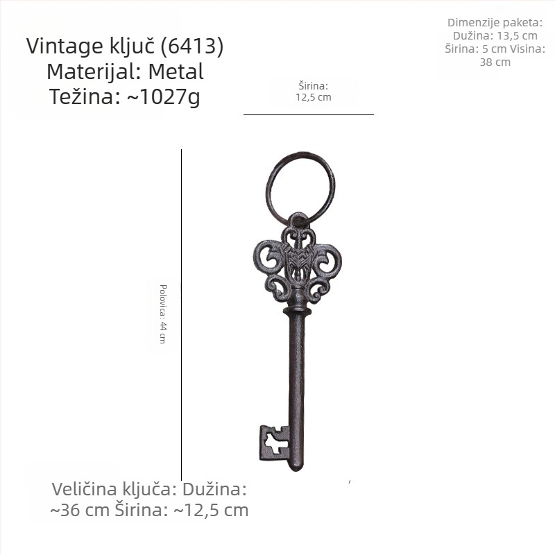 Kljuc zidni ukras — lijevano željezo, geometrijski oblik, moderni minimalistički stil, europska vintage inspiracija, spremno za dar
