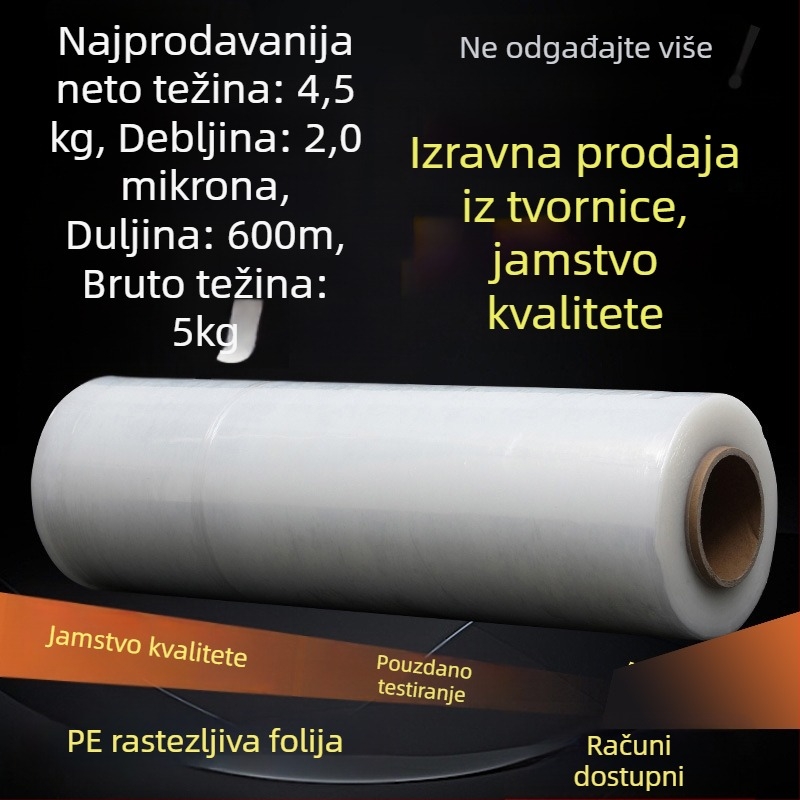 Stretch wrap folija – prozirna PE folija visoke viskoznosti, neto težina 4 kg, podrijetlo: Linyi, Shandong; brend: Jiachuang