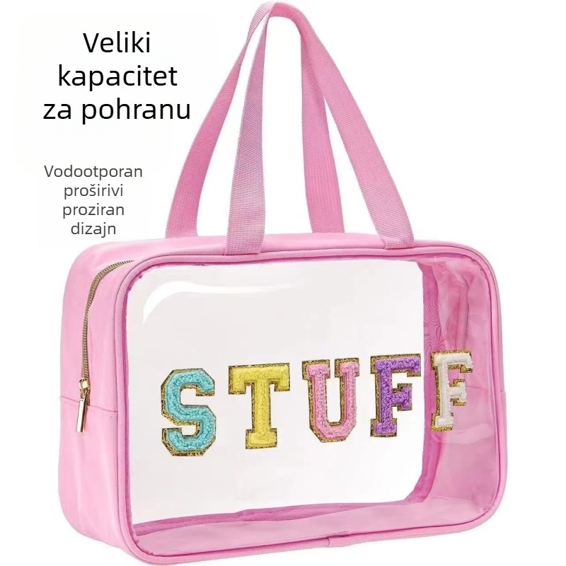 Prozirna PVC kozmetička torbica, velik kapacitet, s izvezenim slovima, vodootporna, višenamjenski putni organizator