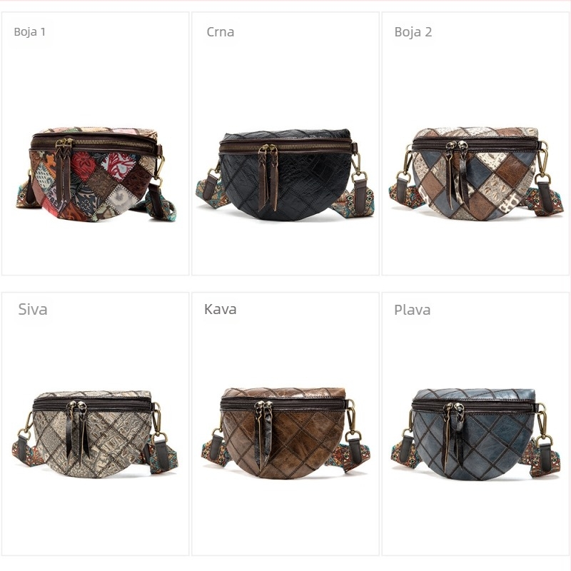 Crossbody torbica u obliku školjke, koža prvog sloja goveđe, narodni stil književnosti i umjetnosti, zatvarač, visokokvalitetna podstava