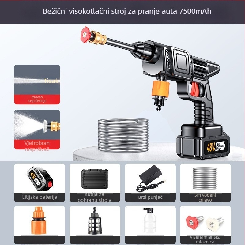 Ručni bežični uređaj za pranje automobila s litijskom baterijom; maksimalni tlak 50 bar, snaga 800 W, kapacitet 10 L, protok 2–3 L/min