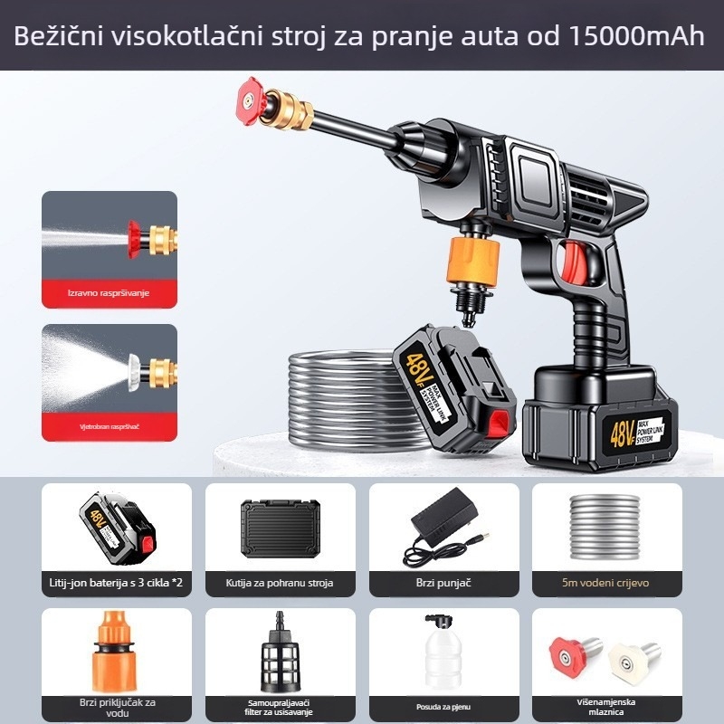 Ručni bežični uređaj za pranje automobila s litijskom baterijom; maksimalni tlak 50 bar, snaga 800 W, kapacitet 10 L, protok 2–3 L/min