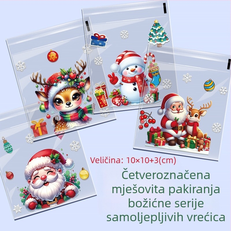 Samoljepljiva božićna darovna vrećica s karikaturalnim motívom, premium dojam (Materijali: OPP + PET + CPP; Namjena: skladištenje i pakiranje nakita; Značka: Kega)