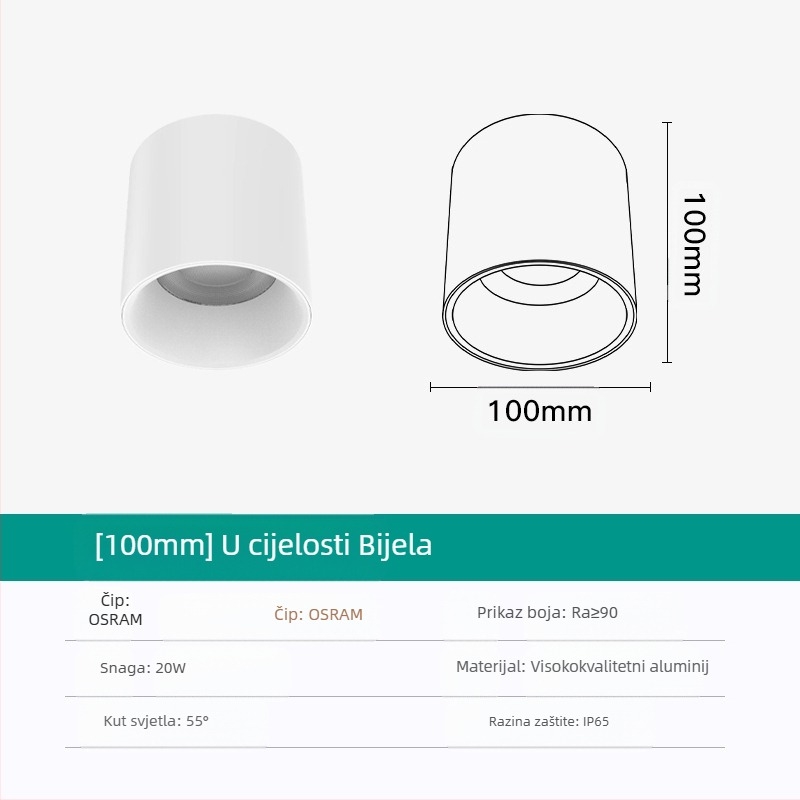 Okrugli LED downlight, površinski montiran, anti-odsjaj, CRI ≥90, 3000–6500K