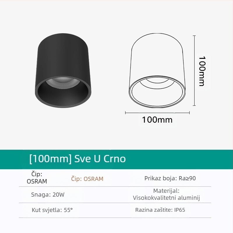 Okrugli LED downlight, površinski montiran, anti-odsjaj, CRI ≥90, 3000–6500K