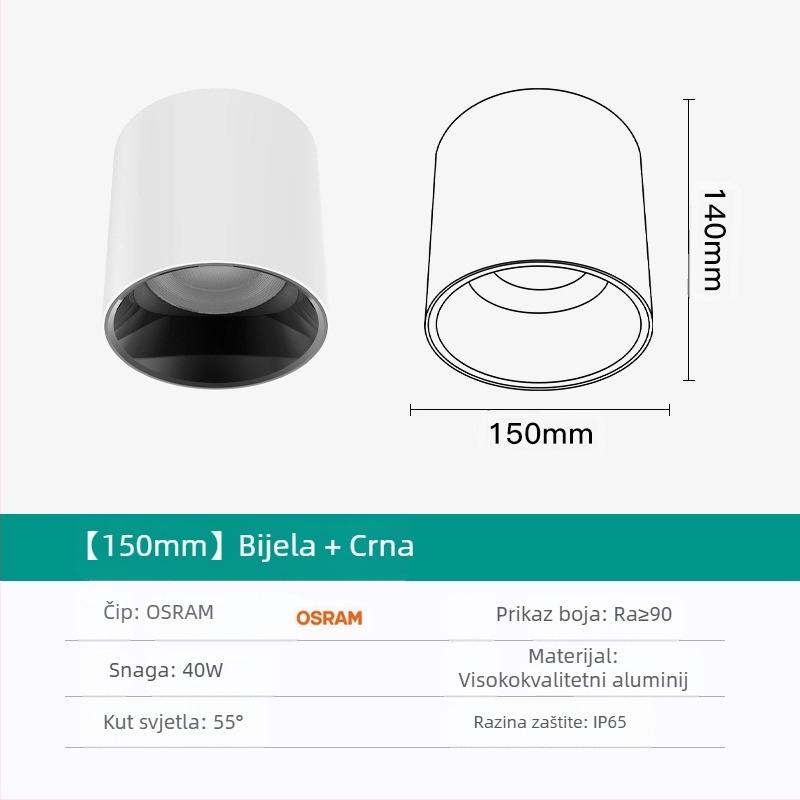 Okrugli LED downlight, površinski montiran, anti-odsjaj, CRI ≥90, 3000–6500K