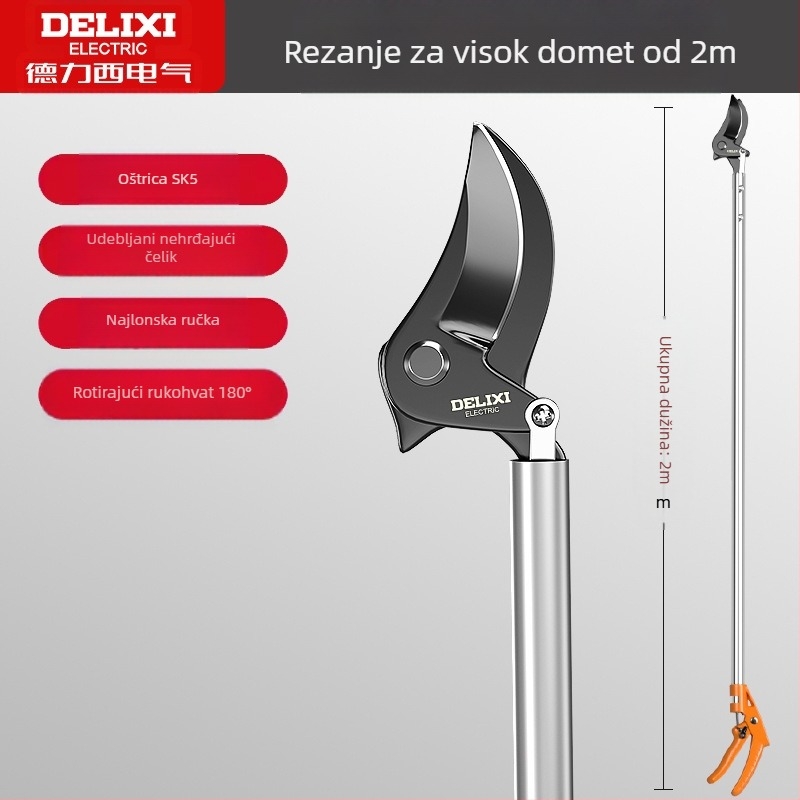 Delixi Electric teleskopska škare za grane od nehrđajućeg čelika s oprugom, za visoko dohvatno rezanje voćnih stabala
