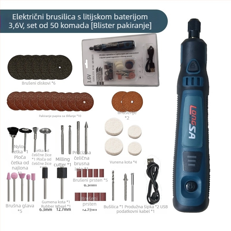 Prijenosni električni brus za poliranje i graviranje nefrita, s glavom za brušenje, 3.7V Li-ion baterija, kabel 0.6 m, masa 0.5 kg