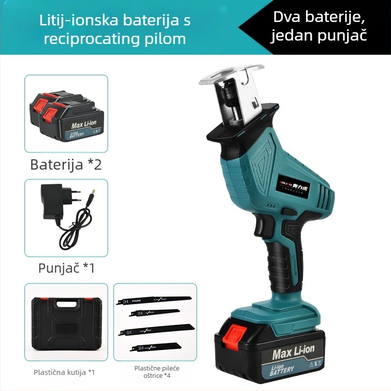 Reciprocating pila s Li-ion baterijom 21V; za rezanje drva, metala i plastike; uključuje punjač i pilu