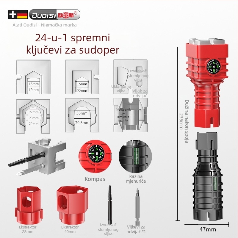 Otis osam u jedan – višenamjenski ključ za demontažu slavine na drez, plastična konstrukcija
