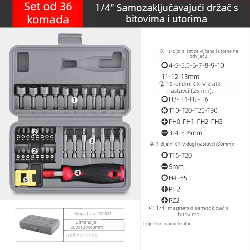 Set odvijača: višefunkcionalan, s posebnih oblika Philips i Torx bitova, držač s sleeve, bitovi od ugljičnog čelika