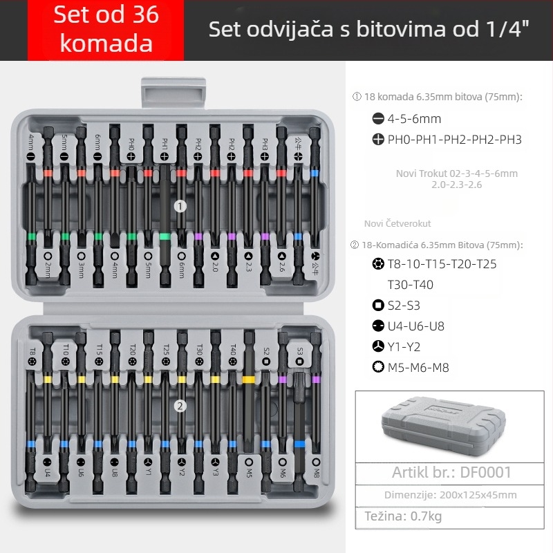 Set odvijača: višefunkcionalan, s posebnih oblika Philips i Torx bitova, držač s sleeve, bitovi od ugljičnog čelika