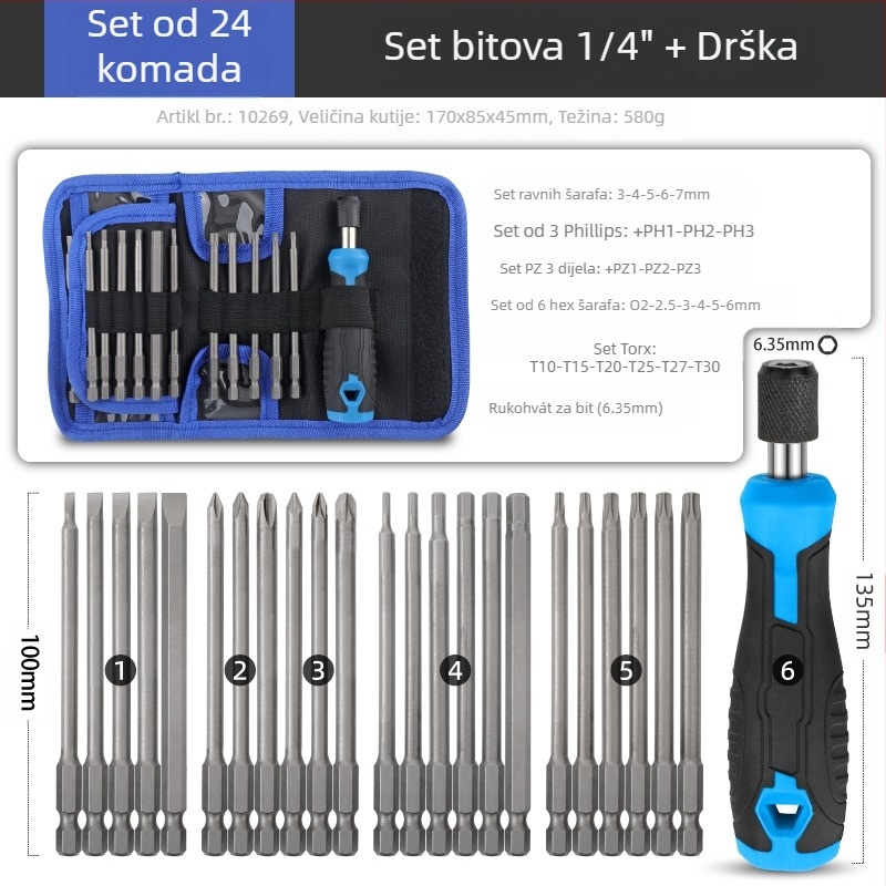 Set odvijača: višefunkcionalan, s posebnih oblika Philips i Torx bitova, držač s sleeve, bitovi od ugljičnog čelika