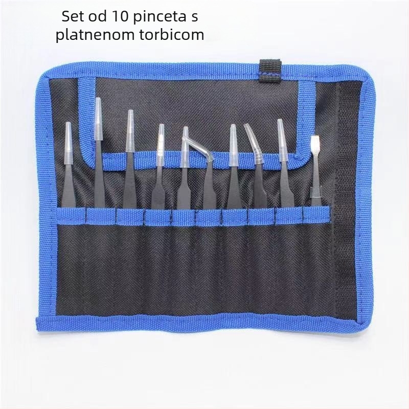 Jialimei pincete za trepavice — set od 10 komada s platnenom torbom, nehrđajući čelik, oštar vrh