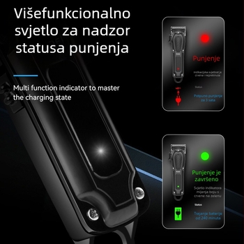 Kemei KM-1071 Profesionalni električni kliper za kosu s USB punjenjem, motor s četkama, rezač od nehrđajućeg čelika, ABS kućište, ugrađena baterija 1200–2000 mAh, radno vrijeme 1–3 h