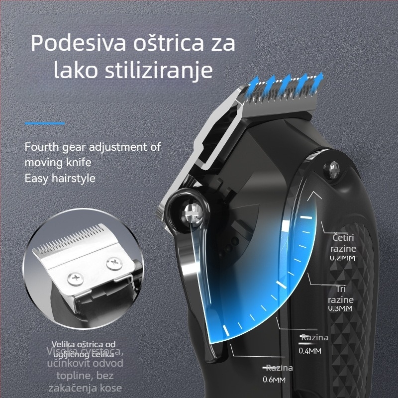 Kemei KM-1071 Profesionalni električni kliper za kosu s USB punjenjem, motor s četkama, rezač od nehrđajućeg čelika, ABS kućište, ugrađena baterija 1200–2000 mAh, radno vrijeme 1–3 h