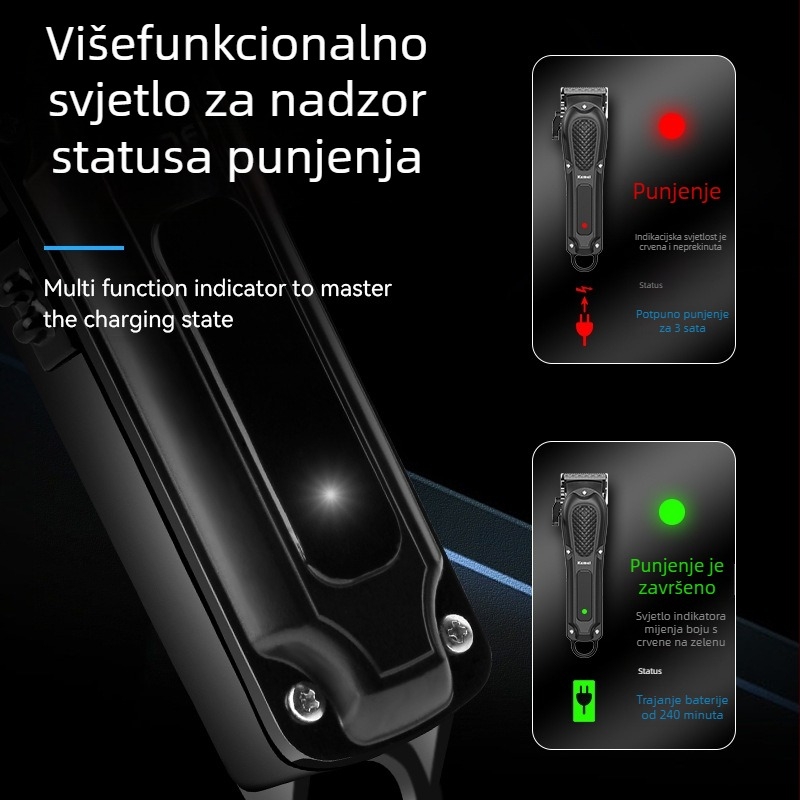 Kemei KM-1071 Profesionalni električni kliper za kosu s USB punjenjem, motor s četkama, rezač od nehrđajućeg čelika, ABS kućište, ugrađena baterija 1200–2000 mAh, radno vrijeme 1–3 h