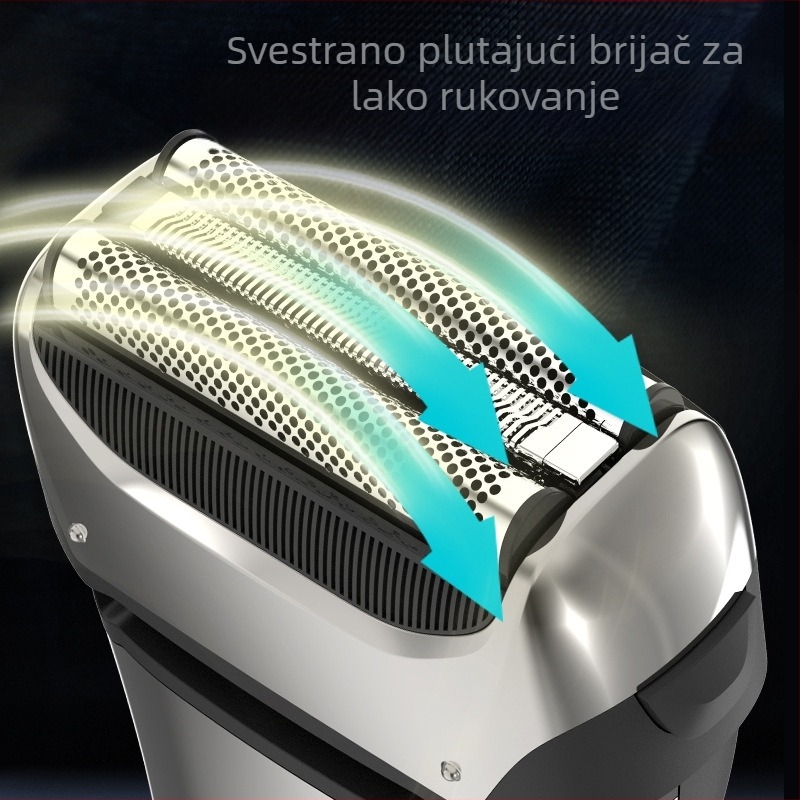 Električni brijač s 3 oštricama glavom koja se pomiče naprijed-natrag, LED zaslon, potpuno vodootporan za cijelo tijelo, ugrađena baterija 500–800 mAh, do 80 minuta rada