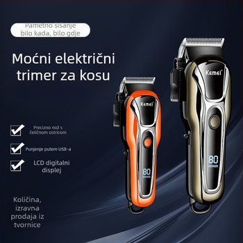 Električna mašinica za kosu KM-1990PG – snažan četkasti motor, oštrica od nehrđajućeg čelika, ugrađena baterija 1200–2000 mAh, LCD zaslon, USB punjenje