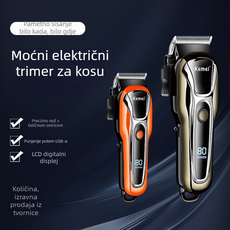 Električna mašinica za kosu KM-1990PG – snažan četkasti motor, oštrica od nehrđajućeg čelika, ugrađena baterija 1200–2000 mAh, LCD zaslon, USB punjenje