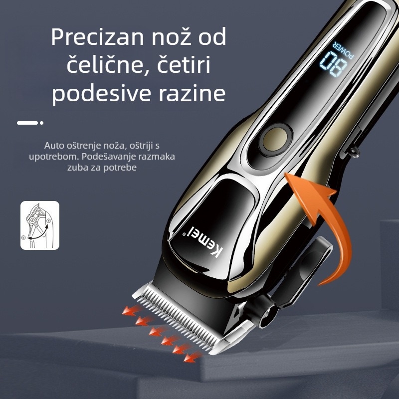 Električna mašinica za kosu KM-1990PG – snažan četkasti motor, oštrica od nehrđajućeg čelika, ugrađena baterija 1200–2000 mAh, LCD zaslon, USB punjenje
