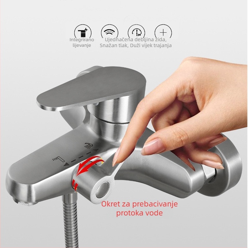 Kombinirani miješac za kadu i tuš, nehrđajući čelik, zidna montaža, keramički ventil, maksimalna temperatura 90°C