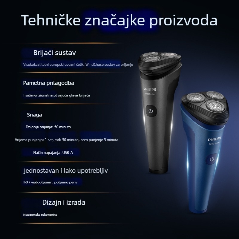 Philips muški električni brijač za mokro i suho, rotacijska glava s tri oštrice, plivajuća glava, ugrađena punjiva baterija, tijelo potpuno perivo, Serija 2 S2509