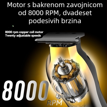 Kemei KM-1677 Kosa klipper, punjiva, bez četkica motora, oštrice od praškaste metalurgije, ugrađena baterija 500–800 mAh, radno vrijeme 1–3 h