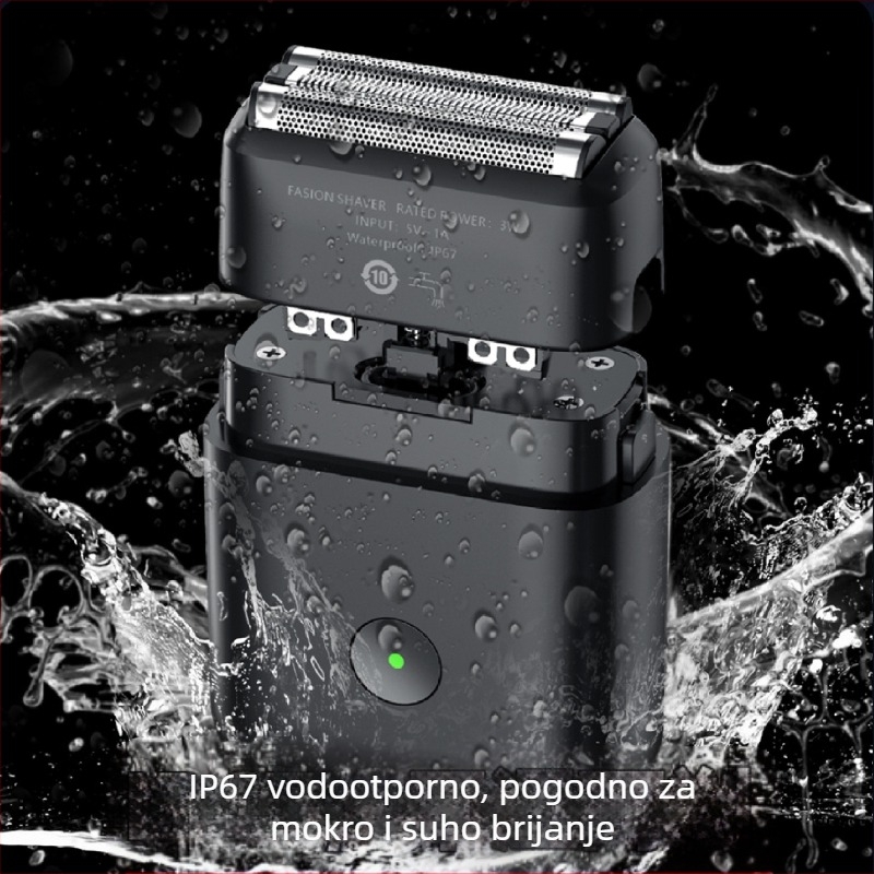 IP67 vodootporna električna britvica, potpuno periva, recipročna 3-oštrna glava, ugrađena baterija 800–1000 mAh, punjiva, bezkrugni motor, niska razina buke