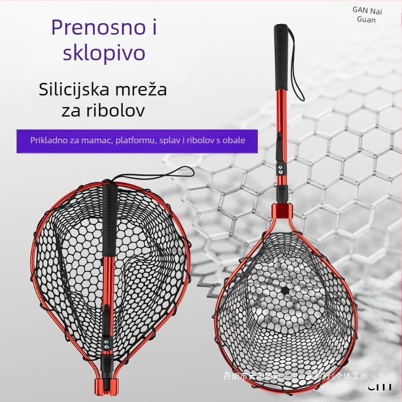 Sklopiva silikonska mreža za ribolov – prijenosni set za sportski ribolov, velike ribe, dubina mreže 30–35 cm, debeli otvori, ne skuplja se