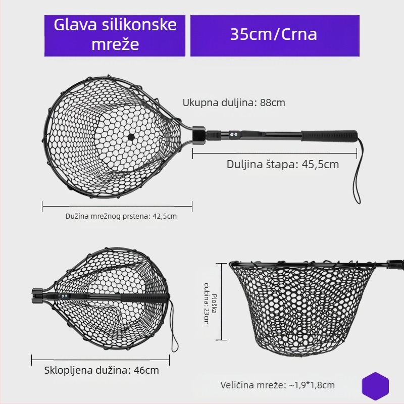 Sklopiva silikonska mreža za ribolov – prijenosni set za sportski ribolov, velike ribe, dubina mreže 30–35 cm, debeli otvori, ne skuplja se