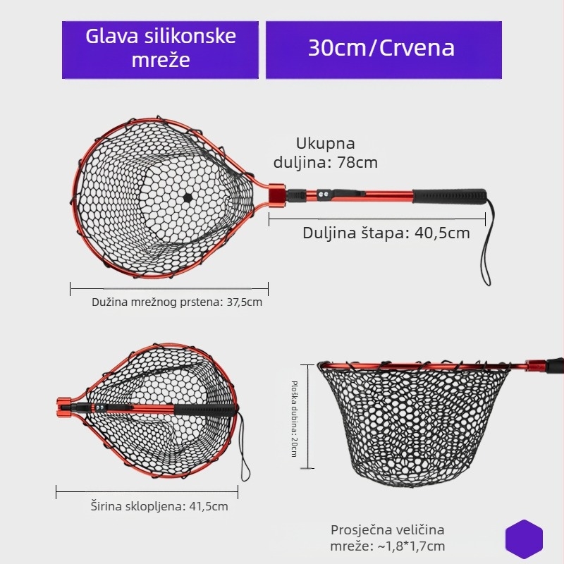 Sklopiva silikonska mreža za ribolov – prijenosni set za sportski ribolov, velike ribe, dubina mreže 30–35 cm, debeli otvori, ne skuplja se