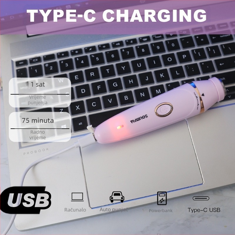 7-u-1 ženski uređaj za uklanjanje dlaka, za cijelo tijelo, USB napajanje, glava od nehrđajućeg čelika, četkasti motor, periva