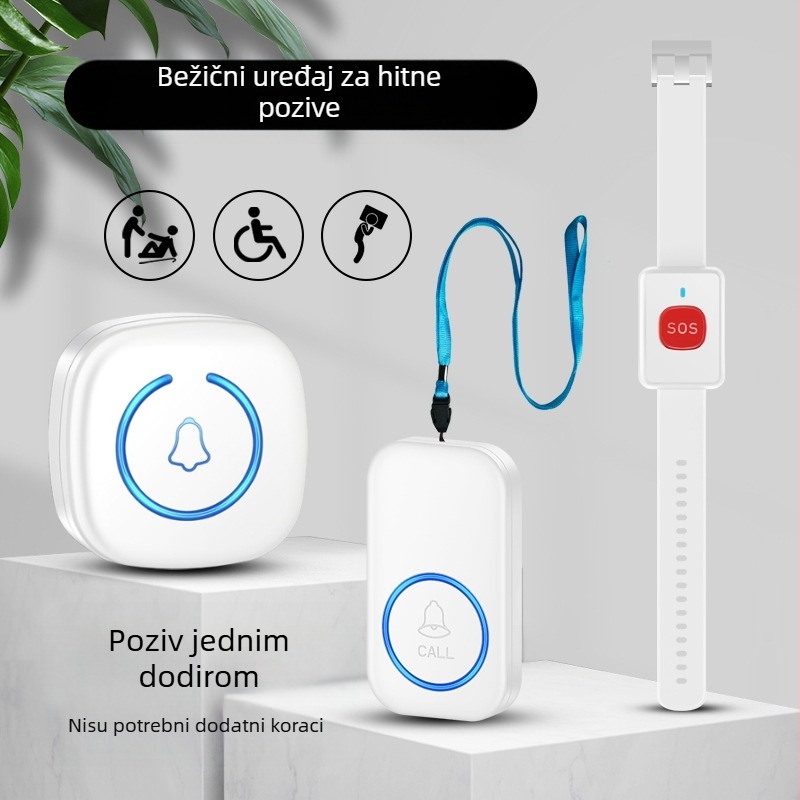 Bežični zvučnik s narukvnicom pagerom za starije osobe, model A6 CALL, napajanje AC 100-240V, 0.5W, domet 300 m