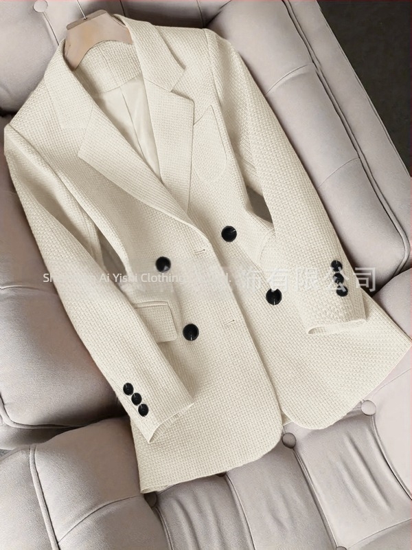 Žensko sako za uredski kostim s ovratnikom, dugi rukavi, dvostruki red gumba, poliester 95%+, dizajn koláž/šivanje