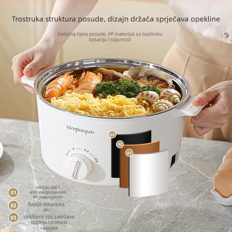 Električna posuda za kuhanje s regulacijom temperature, snaga 400-800W, zapremina 2-3L, unutarnja posuda od nehrđajućeg čelika, funkcije parenje, prženje, kuhanje, dinstanje