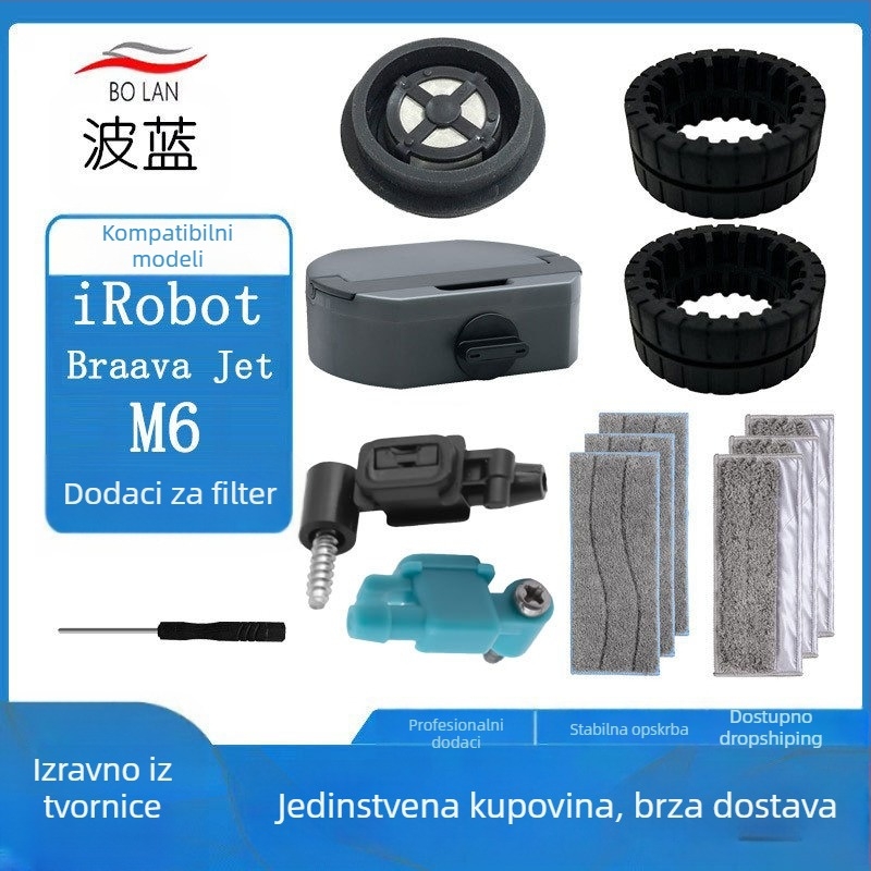 Dodaci za Braava Jet M6 – filtar, spremnik za vodu, krpa za čišćenje, kotači, raspršivač mlaza; za kućnu upotrebu, područje 101–150 m²
