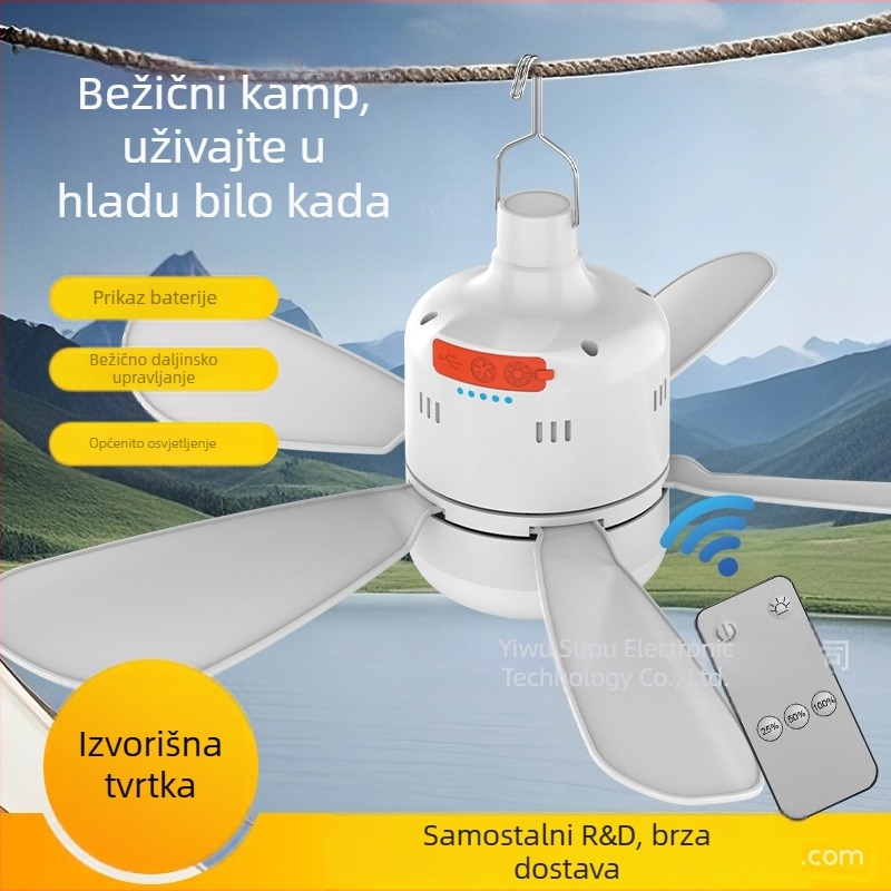Ventilator s lampom za kampiranje, daljinsko upravljanje, glatko podešavanje rasvjete, 3 brzine ventilatora, 6–8 sati rada