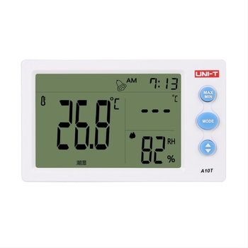 UNI-T Digitalni mjerač temperature i vlage sa sondom, stolni ili zidni – raspon temperature -10°C do 50°C, vlaga 10–99% RH, rezolucija 0,1°C, točnost ±1°C, 4,5-inčni LCD