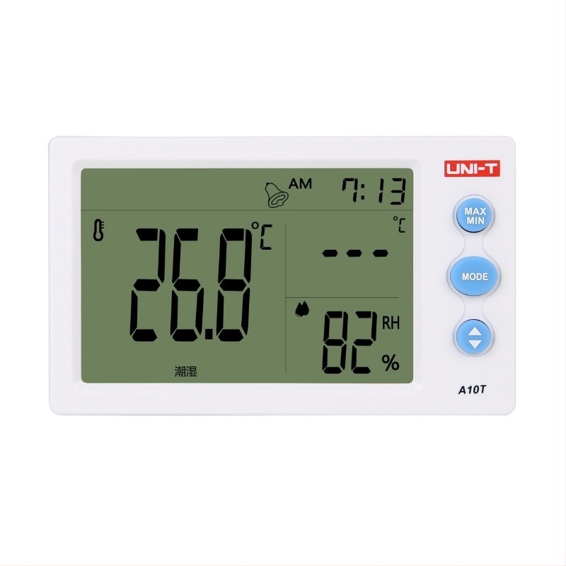 UNI-T Digitalni mjerač temperature i vlage sa sondom, stolni ili zidni – raspon temperature -10°C do 50°C, vlaga 10–99% RH, rezolucija 0,1°C, točnost ±1°C, 4,5-inčni LCD