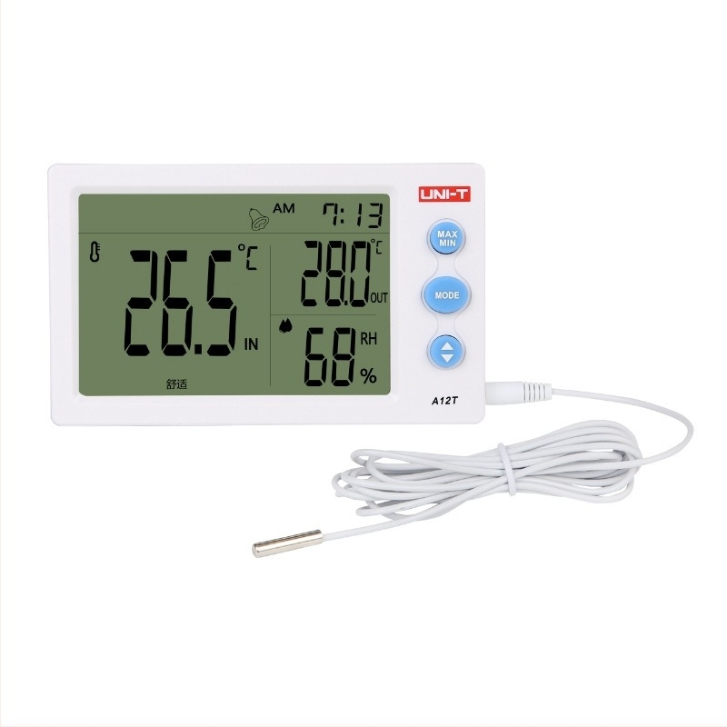 UNI-T Digitalni mjerač temperature i vlage sa sondom, stolni ili zidni – raspon temperature -10°C do 50°C, vlaga 10–99% RH, rezolucija 0,1°C, točnost ±1°C, 4,5-inčni LCD