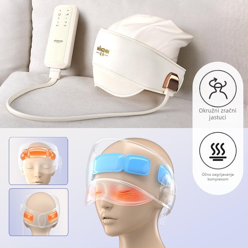 Šešir za masažu glave i očiju sa zračnim jastukom i toplom kompresijom – punjiv, 3 brzine, integrirana masaža glave i očiju