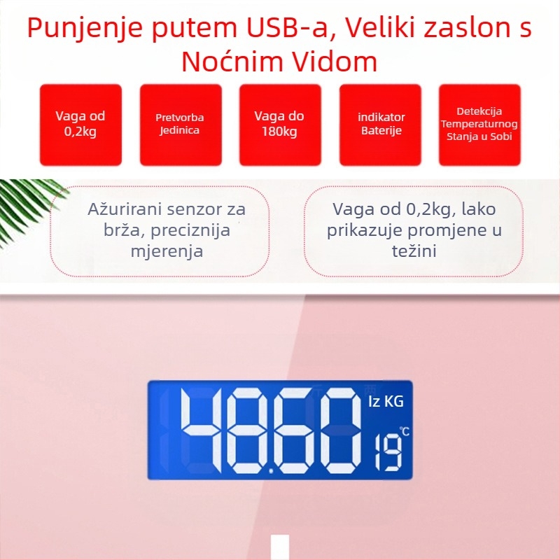 SUZI Vaga za kućnu upotrebu, kapacitet 180 kg, USB punjenje ili AA baterije, mjerenje tjelesne mase