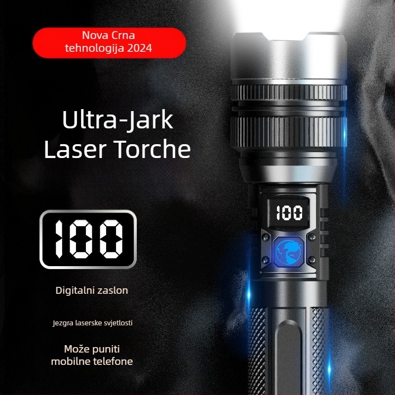 Ručna LED svjetiljka s podesivim fokusom, 10W LED, 800 lm, digitalni zaslon, baterija 18650