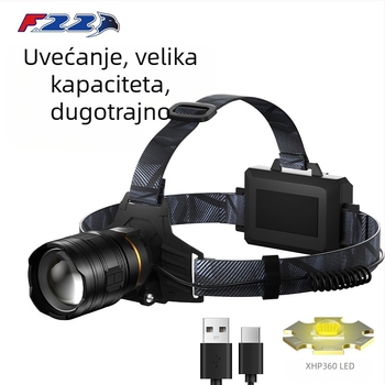 LED čelna svjetiljka, aluminijsko tijelo, baterija 5400mAh, zumirajući snop, 360° rotacija, domet iznad 500 m, ponovno punjiva, nosiva na glavi za noćni ribolov i kampiranje