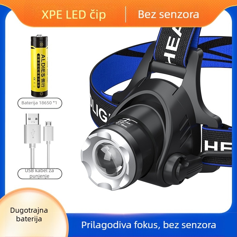 Headlamp LED svjetlo T6 s podesivim zoomom, USB punjenje, 10W izlaz i baterija 1200mAh, 360° rotacija, domet 100–200m