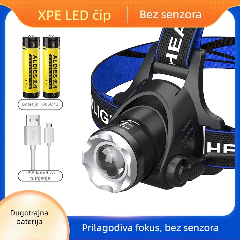 Headlamp LED svjetlo T6 s podesivim zoomom, USB punjenje, 10W izlaz i baterija 1200mAh, 360° rotacija, domet 100–200m